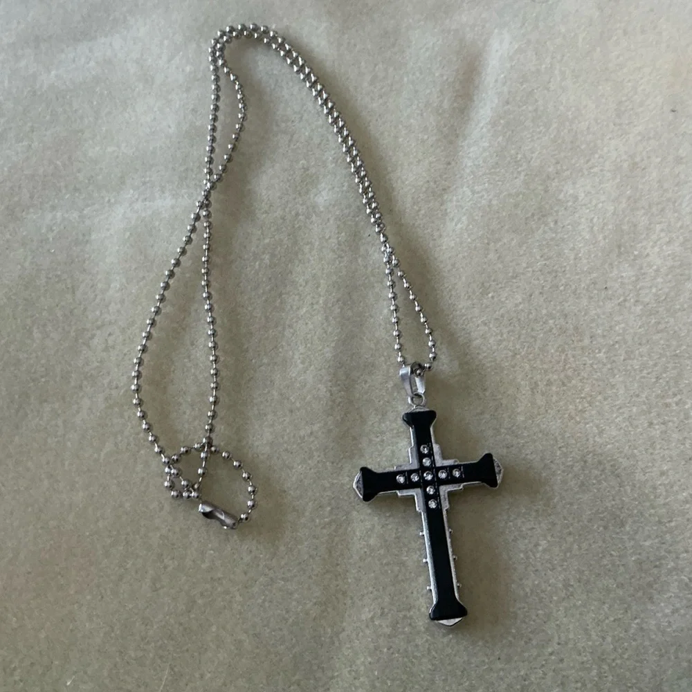 Silver and Black Cross Pendant Necklace, 28”
